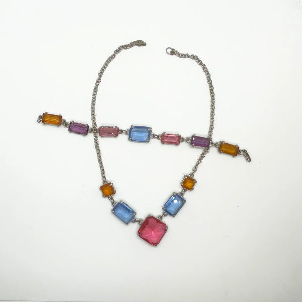 Colorful Art Deco Pastel Crystal Necklace and Bracelet Set