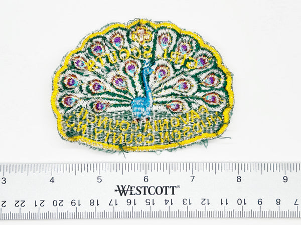 Celebrate Girl Scout heritage with this authentic vintage Pavonia Council patch from Hudson County, New Jersey. The striking peacock design served as the council's proud symbol, representing the organization's values and spirit. 