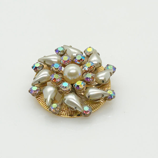 Vintage Unusual Faux Pearl and Iridescent Stone Brooch