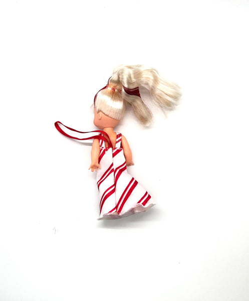 2001 Peppermint Kelly ornament doll from Mattel's Kelly Club line. She was released as part of the "I'm an Ornament Too!" series, specifically designed to double as a Christmas tree decoration.