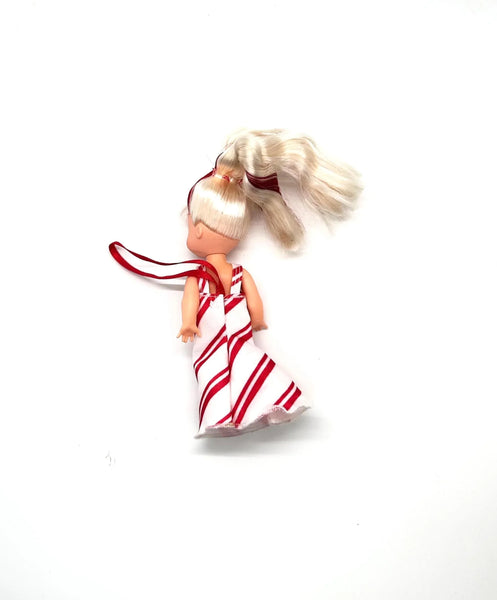  2001 Mattel Kelly Club holiday ornament doll, Peppermint Kelly striped dress, vintage Barbie Kelly miniature doll collectible