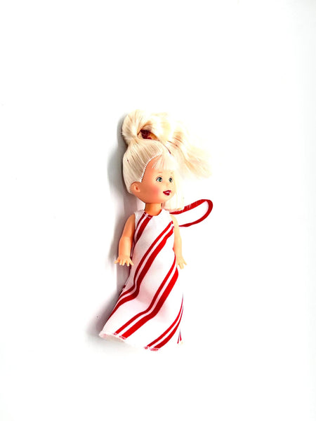 2001 Peppermint Kelly ornament doll from Mattel's Kelly Club line. She was released as part of the "I'm an Ornament Too!" series, specifically designed to double as a Christmas tree decoration.