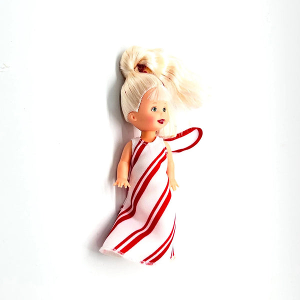 2001 Peppermint Kelly ornament doll from Mattel's Kelly Club line. She was released as part of the "I'm an Ornament Too!" series, specifically designed to double as a Christmas tree decoration.