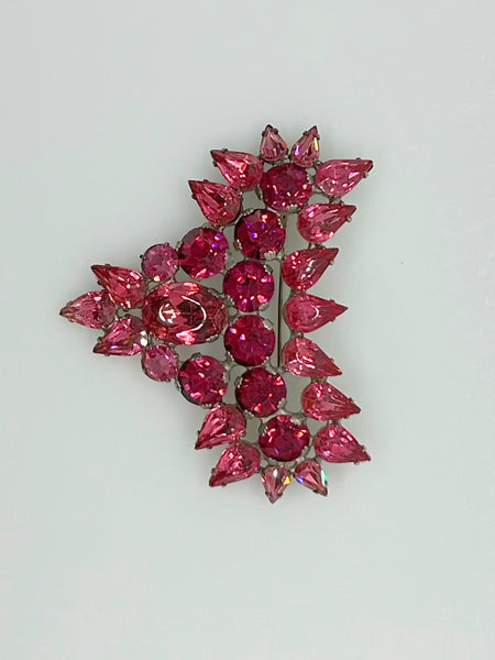 Hot Pink and Red Heart Vintage Rhinestone Brooch