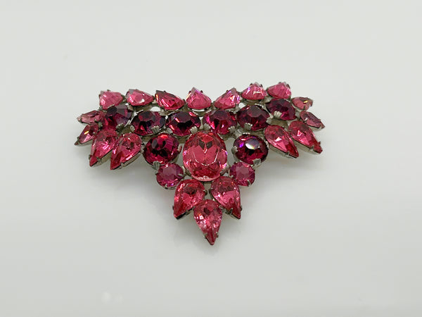 Hot Pink and Red Heart Vintage Rhinestone Brooch