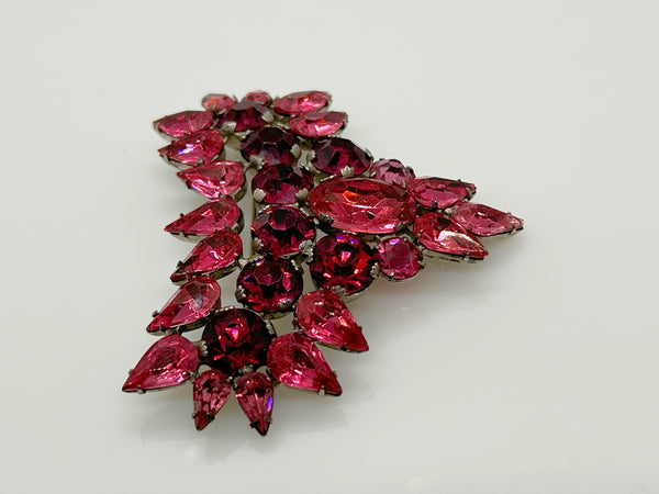 Hot Pink and Red Heart Vintage Rhinestone Brooch