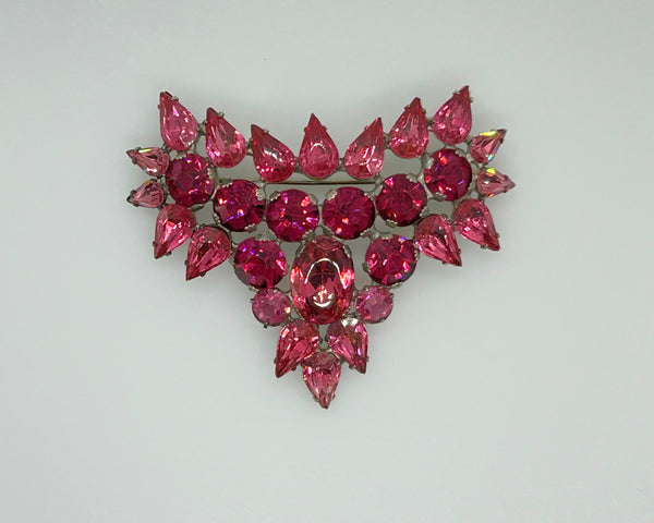 Hot Pink and Red Heart Vintage Rhinestone Brooch