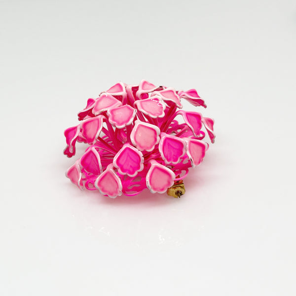 1960s Enameled Pink and White Heart Flower Brooch - Showcases a captivating three dimensional vintage flower design. Features charming pink and white heart motifs. Shop now!