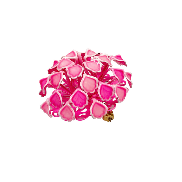 1960s Enameled Pink and White Heart Flower Brooch - Showcases a captivating three dimensional vintage flower design. Features charming pink and white heart motifs. Shop now!