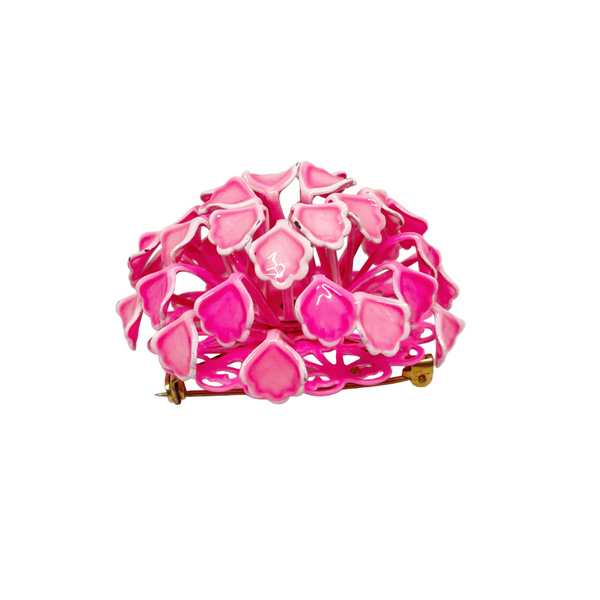 1960s Enameled Pink and White Heart Flower Brooch - Showcases a captivating three dimensional vintage flower design. Features charming pink and white heart motifs. Shop now!