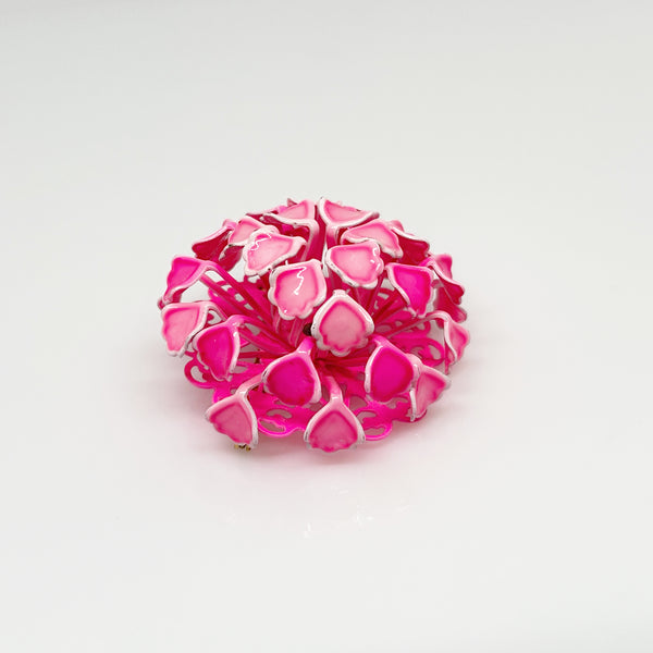 1960s Enameled Pink and White Heart Flower Brooch - Showcases a captivating three dimensional vintage flower design. Features charming pink and white heart motifs. Shop now!