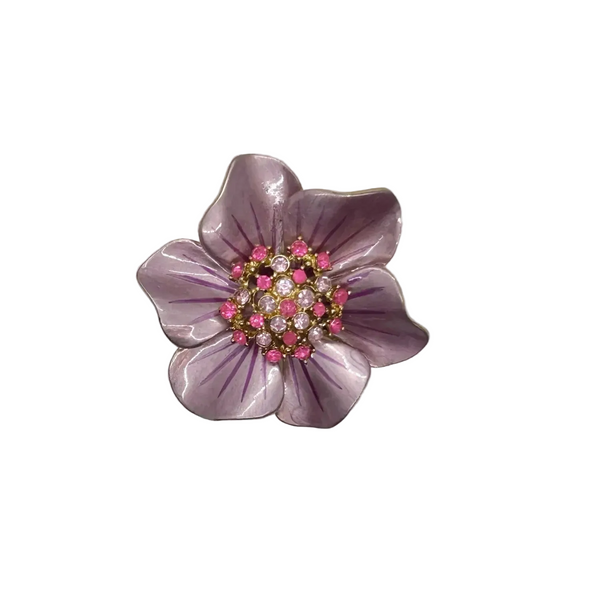 Vintage 1960's Enameled Pink Floral Rhinestone Brooch