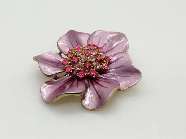 Vintage 1960's Enameled Pink Floral Rhinestone Brooch