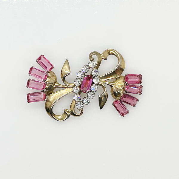 Vintage Sterling Pink Stones Sterling Floral Brooch