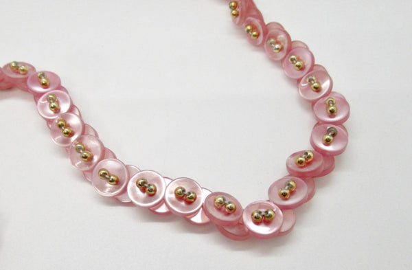 Vintage Hot Pink Button Necklace with Golden Bead Accents