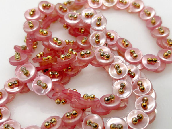 Vintage Hot Pink Button Necklace with Golden Bead Accents