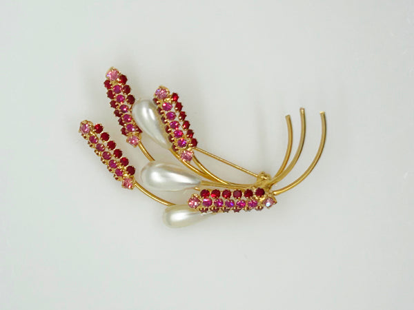 Vintage Wheat Sheaf Brooch with Pink Rhinestones