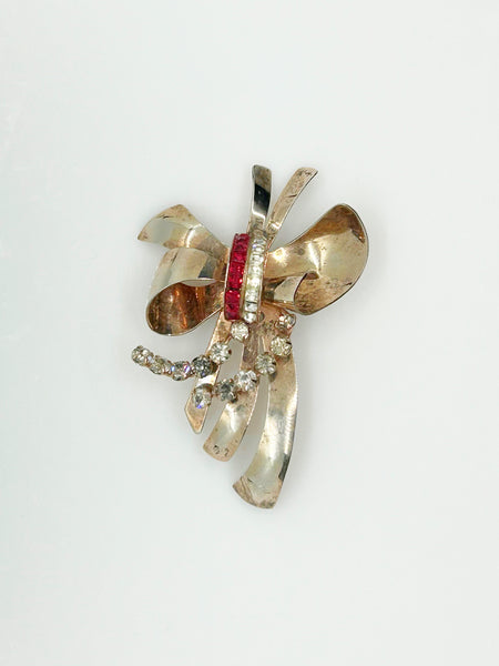 Vintage Bow Brooch with Pink and Clear Rhinestones