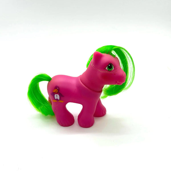 This is a vintage "Baby Waddles" My Little Pony , G1 figure , specifically part of the "Playtime Baby Brother Ponies" set released by Hasbro in 1988-1989
