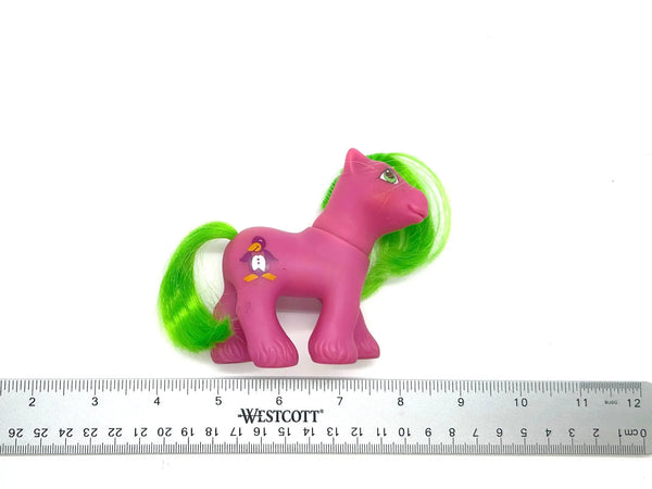 This is a vintage "Baby Waddles" My Little Pony , G1 figure , specifically part of the "Playtime Baby Brother Ponies" set released by Hasbro in 1988-1989
