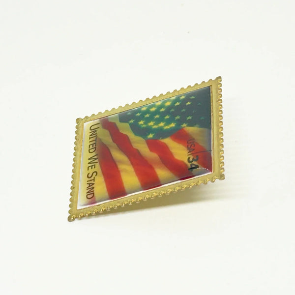  A perfect replica of the 34 cent stamp, reminiscent of a time before Forever stamps, this pin was created by the United States Post Office to showcase and honor our Flag. 