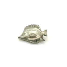 Shop this detailed vintage pewter discus fish pin. Perfect as a lapel or hat brooch for aquarium hobbyists, cichlid owners, and tropical marine life lovers.