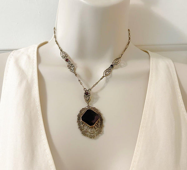 Outstanding Purple Stone and Vintage Filigree Necklace