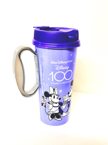 Walt Disney World 100th Anniversary Resort Refillable Tumbler Cup Mug featuring a vibrant purple design, released in 2023 for the "100 Years of Wonder" celebration. 