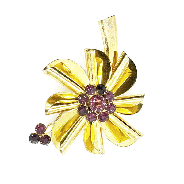 Vintage Flower Brooch of Sterling Silver with Purple Rhinestones