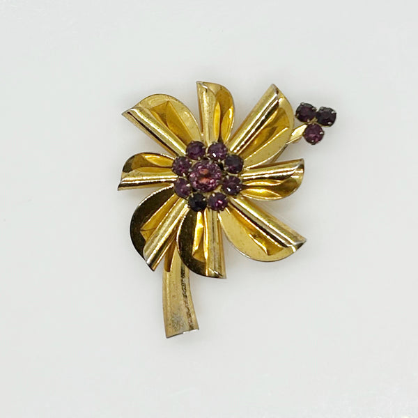 Vintage Flower Brooch of Sterling Silver with Purple Rhinestones