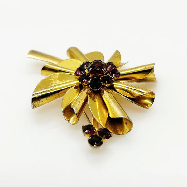 Vintage Flower Brooch of Sterling Silver with Purple Rhinestones