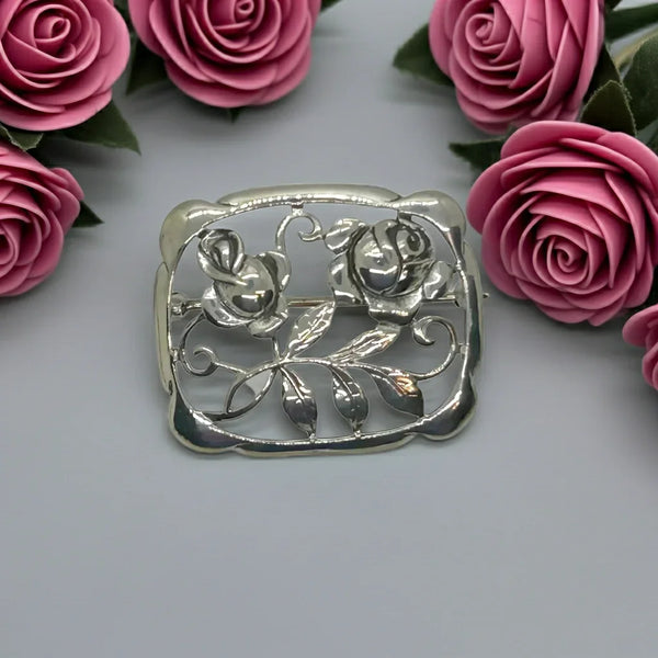 Sterling Silver 1950s Vintage Rose Brooch