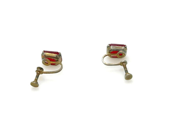 Vintage Ruby Red Glass Sterling Silver Solitaire Earrings
