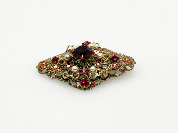 Exquisite Vintage Austrian Brooch with Filigree and Red Stones