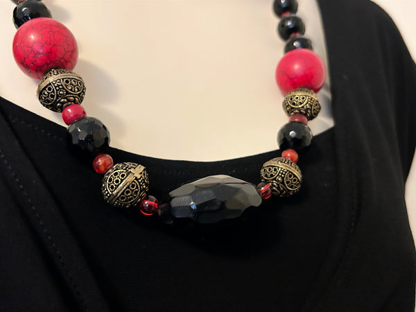 Vintage Necklace with Red and Black Beads