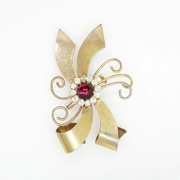 Vintage Bow Brooch  with Red Cabochon and Bright Rhinestones