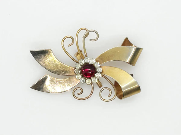 Vintage Bow Brooch  with Red Cabochon and Bright Rhinestones