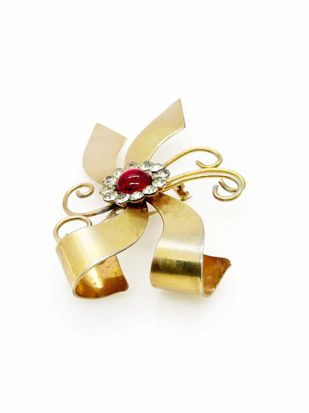 Vintage Bow Brooch  with Red Cabochon and Bright Rhinestones