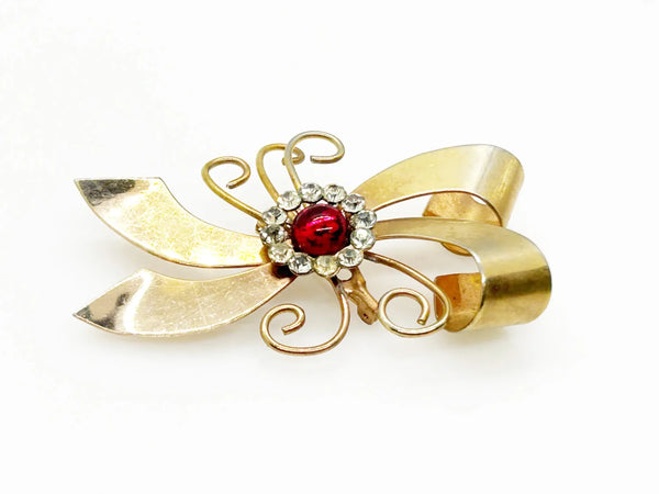 Vintage Bow Brooch  with Red Cabochon and Bright Rhinestones