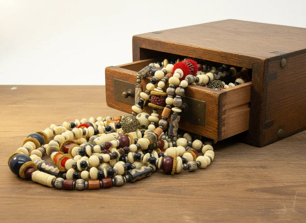 This captivating necklace is a true statement piece, boasting a unique blend of beads in an array of shapes and sizes. The earthy, nature-inspired hues create a stunning visual, with warm tones of red, black, and cream, even round black and white ones with a pattern similar to polka dots