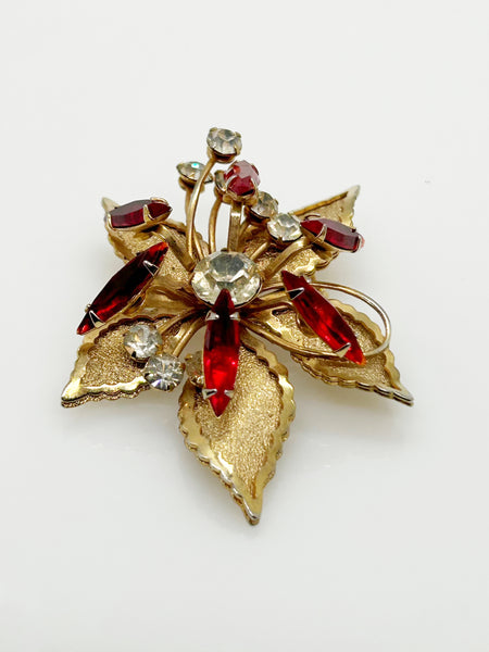 Vintage Gold tone Leaf Brooch with Red and White Stones