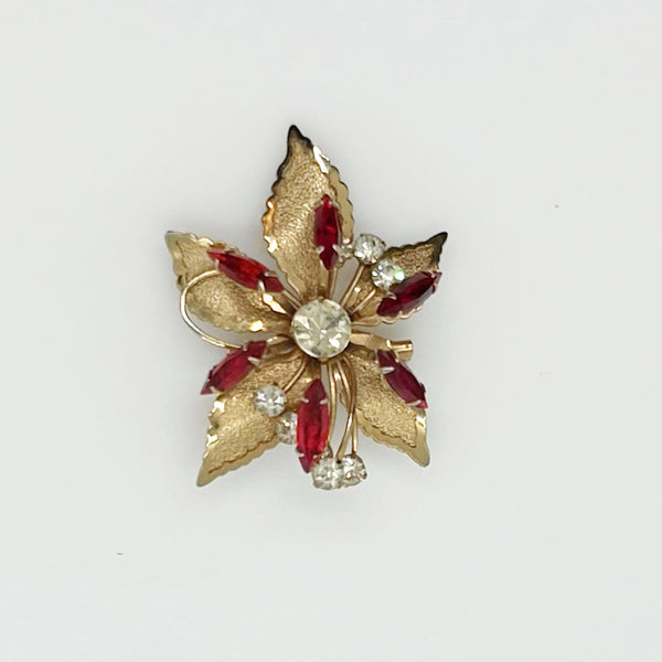 Vintage Gold tone Leaf Brooch with Red and White Stones