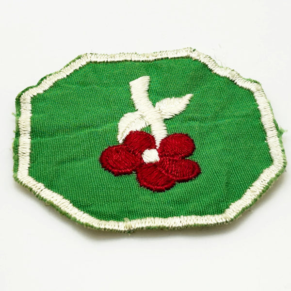 This is a vintage Girl Scout troop crest patch, featuring a red flower design with a white center and stem on a green octagonal background. This specific design has been retired. It depicts either a Scarlet Pimpernel or a Cardinal Flower, with the specific name depending on the era it was produced.