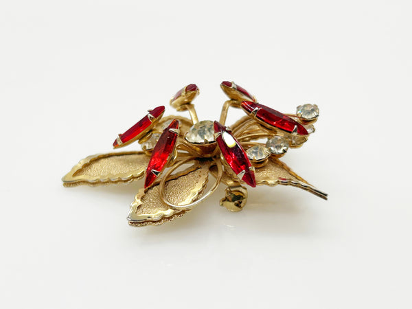 Vintage Gold tone Leaf Brooch with Red and White Stones