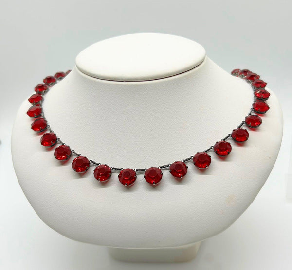 Vintage Art Deco Red Sparkling Stones Sterling Riviere