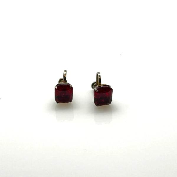 Vintage Ruby Red Glass Sterling Silver Solitaire Earrings