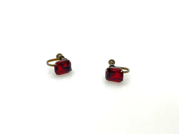 Vintage Ruby Red Glass Sterling Silver Solitaire Earrings