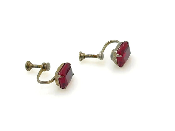 Vintage Ruby Red Glass Sterling Silver Solitaire Earrings