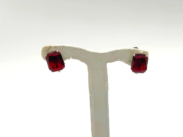 Vintage Ruby Red Glass Sterling Silver Solitaire Earrings