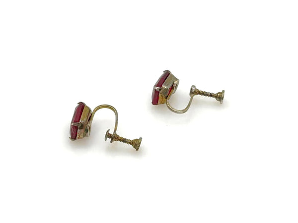 Vintage Ruby Red Glass Sterling Silver Solitaire Earrings
